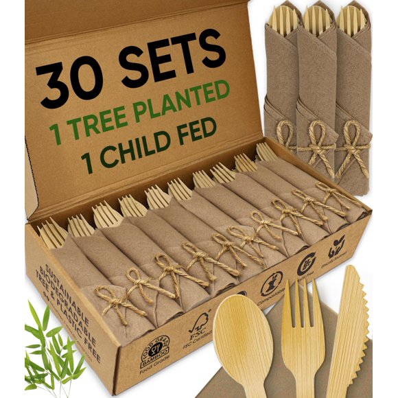 EcoPreps Premium Pre-Rolled Napkins Set and Bamboo Cutlery with Brown Napkins (30 Pieces, 120 Pieces) 100% Biodegradable, Eco-Friendly, Dis