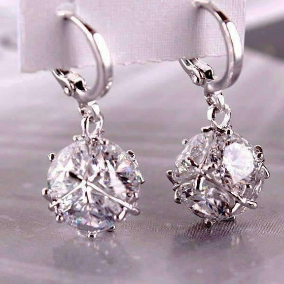 Crystal Cube Dangling Charm 14K Gold Plated Earrings for Woman Special Occasions Bridal and Prom Accessory White Gold Color