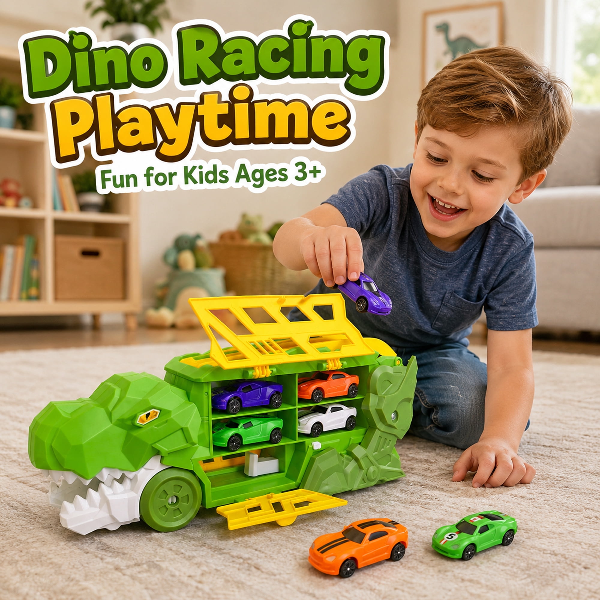 Dinosaur Truck Toy Car Carrier Race Track Playset with 4 Mini Cars, Push and Launch Vehicle Toy for Kids Ages 3+
