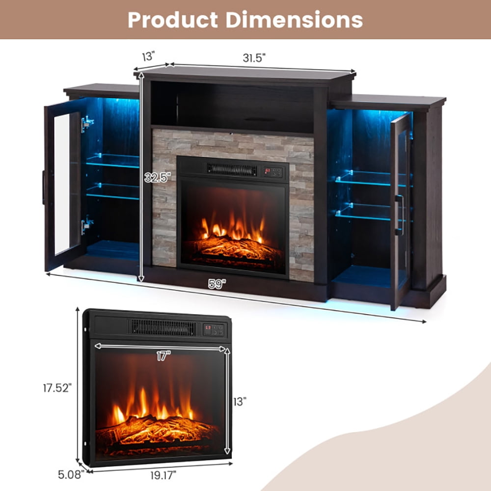 Finihen TV Stand, TV Cabinet, Fireplace TV Stand with 16-Color Led Lights for TVs up to 65 Inch, for Living Room, Bedroom, Dark Brown