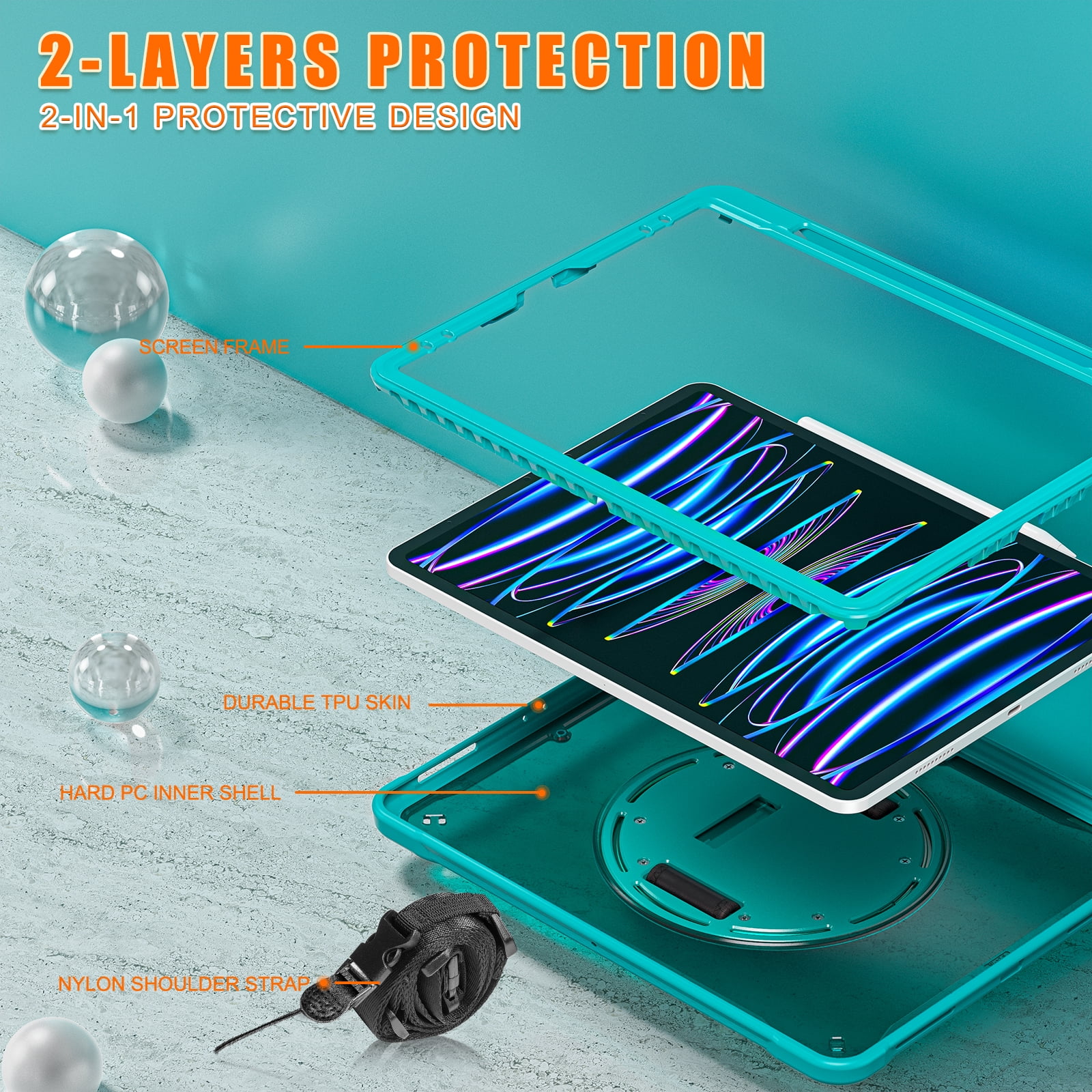 Allytech Rugged Case for Apple iPad Pro 12.9 2022/22021/2020/2018 6th/5th/4th/3rd Gen Kicktand Translucent Back Cover Shockproof Adjustable Shoulder Strap Kids Friendly with Pencil Holder-Blue
