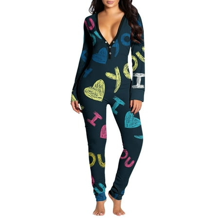 

Womens Jumpsuits Casual Rompers for Women Womens Onesie Flap Pajamas Love Print Butt Flap Sleepwear Cute Button Collar Rompers Nightwear Jumpsuit