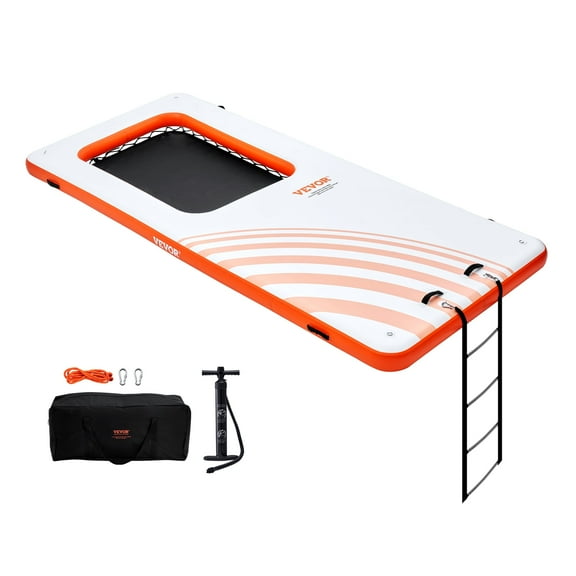 VEVOR Inflatable Floating Dock,15x6.5FT Inflatable Dock Platform with 4*6FT Trampoline Mesh Pool,Non-Slip Floating Platform Water Mat with Portable Bag & Detachable Ladder for Pool Beach Relaxation