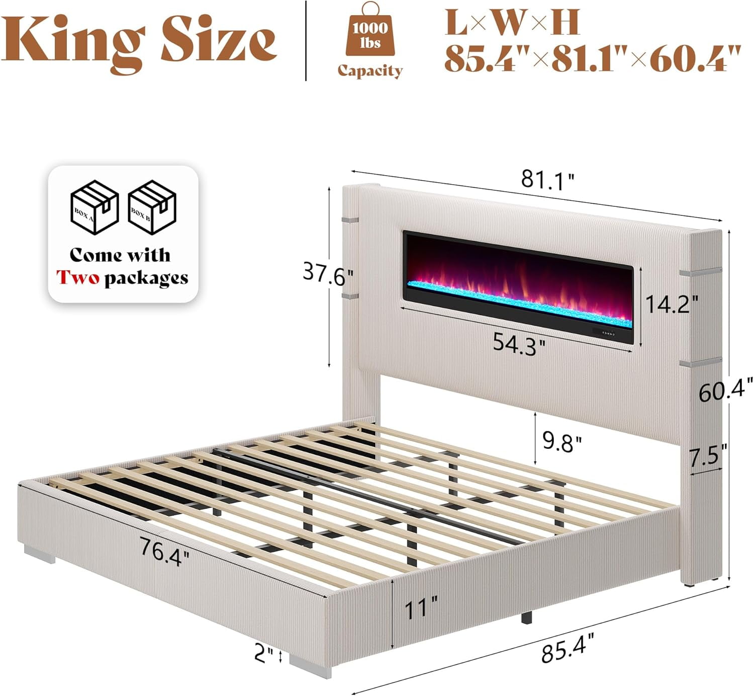 Merluxy Modern 60.4" H King Size Bed Frame with Fireplace and Tall Headboard, Cream Wingback Platform