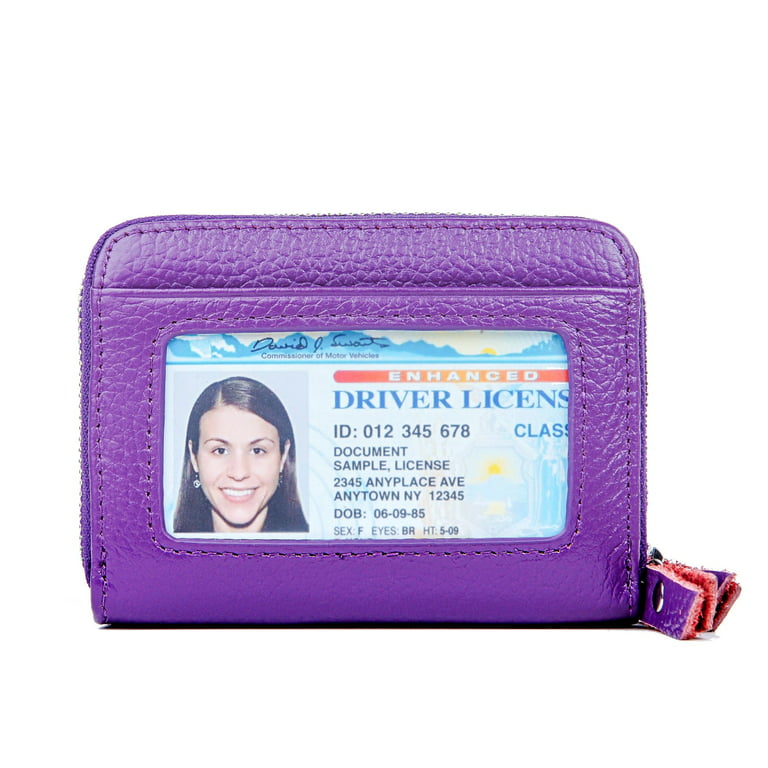 KALMORE Women's Genuine Leather Credit Card Holder RFID Secure Spacious Cute Zipper Card Wallet Small Purse with ID Window, Size: Universal, Purple