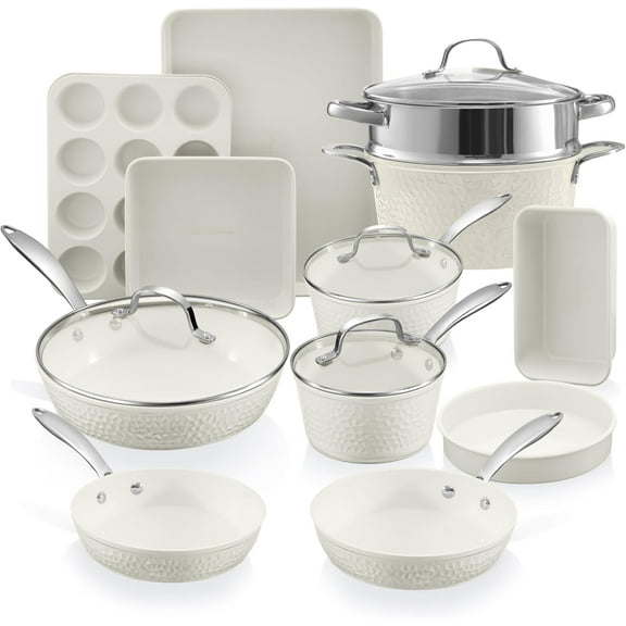 Gotham Steel Hammered 15 Piece Pots and Pans Set Non Stick Cookware Set, Pot and Pan Set with Bakeware, Kitchen Cookware Sets, Non Toxic Ceramic Cookware Set, Cream