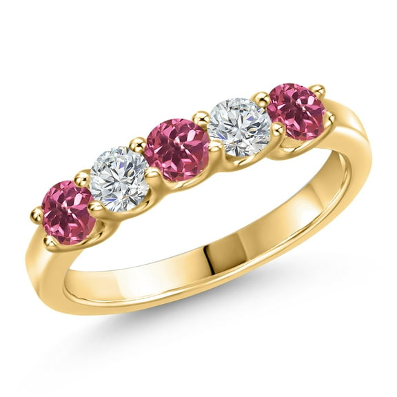 Gem Stone King 10K Yellow Gold Pink Tourmaline and Lab Grown Diamond Wedding-Bands Ring for Women | 0.79 Cttw | Round 3.5MM | Gemstone October Birthstone | Size 6