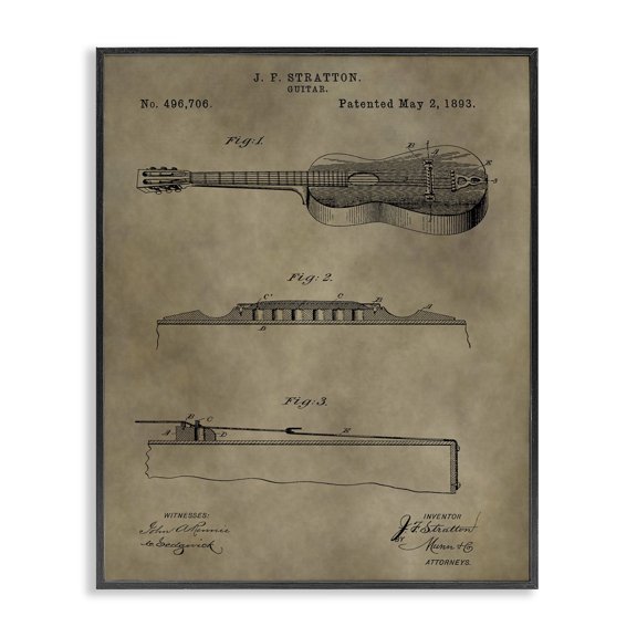 Stupell Industries Contemporary Patent Vintage Guitar Brown Texture Design Black Framed Giclee Art, 11 x 14, by Daniel Sproul