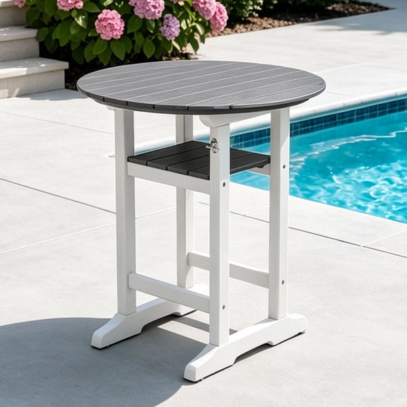 OTSUN Outdoor Bar Table, 32“ Diameter Round Side Table, All Weather Counter Height Table with Built-in Footrest for Backyard, Garden, Indoor Outdoor Companion (White&Grey)