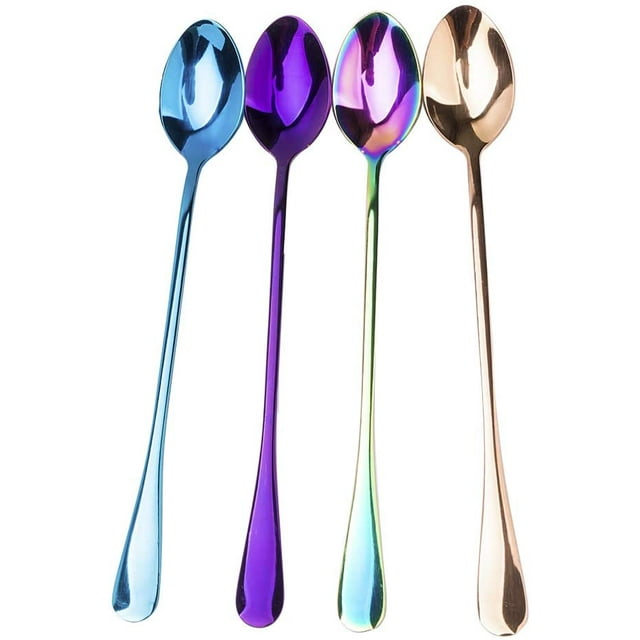 Cuchara de té helado de mango largo, cucharas para mezclar café de acero inoxidable, juego de 4 cucharas de postre de crema larga (multicolor), apta para lavavajillas - Punta Sailing Electrónica