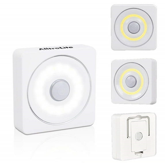4-Pack AlltroLite Square LED Battery-Powered Wireless Night Light Stick Tap Touch Lamp Stick-on Push Light for Closets, Cabinets, Counters, or Utility Rooms,Cordless Touch Light (Batteries Included)