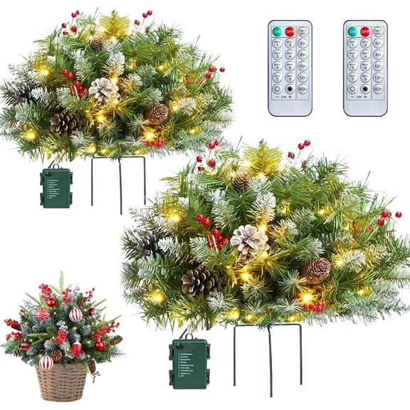 Upliftjoys Pre-Lit Artificial Christmas Tree Urn Filler, 18 Inch Outdoor Front Porch Christmas Trees Decorations Lighted with Cones, Red Berries, Tripod Stake and LED Lights with Timer