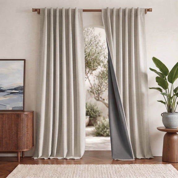 NICETOWN 100% Blackout Linen Curtains, Birch, 52" W x 84" L, 2‑Panel Set