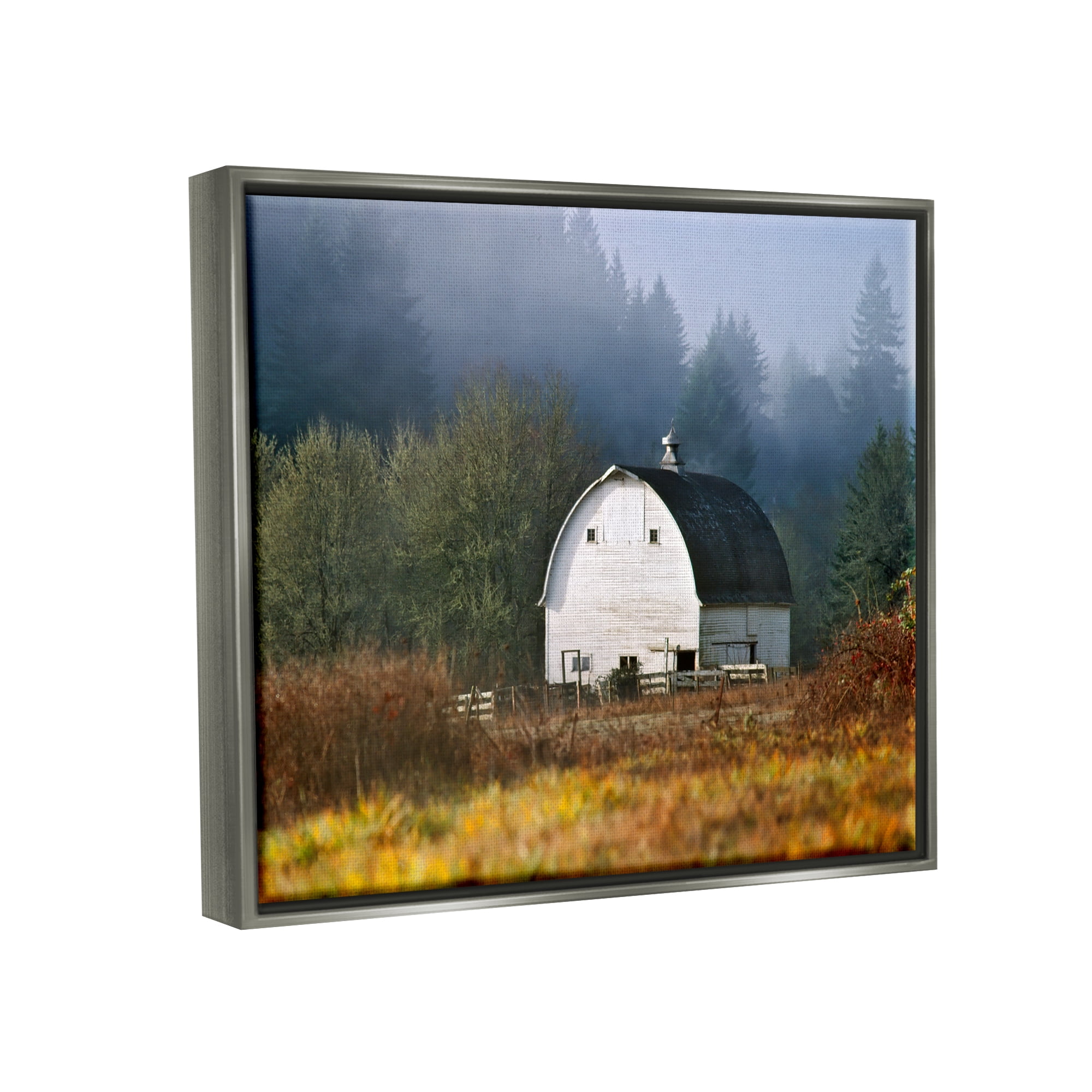 Stupell Industries White Barn Woodland Clearing Landscape Photography Gray Floater Framed Art Print Wall Art