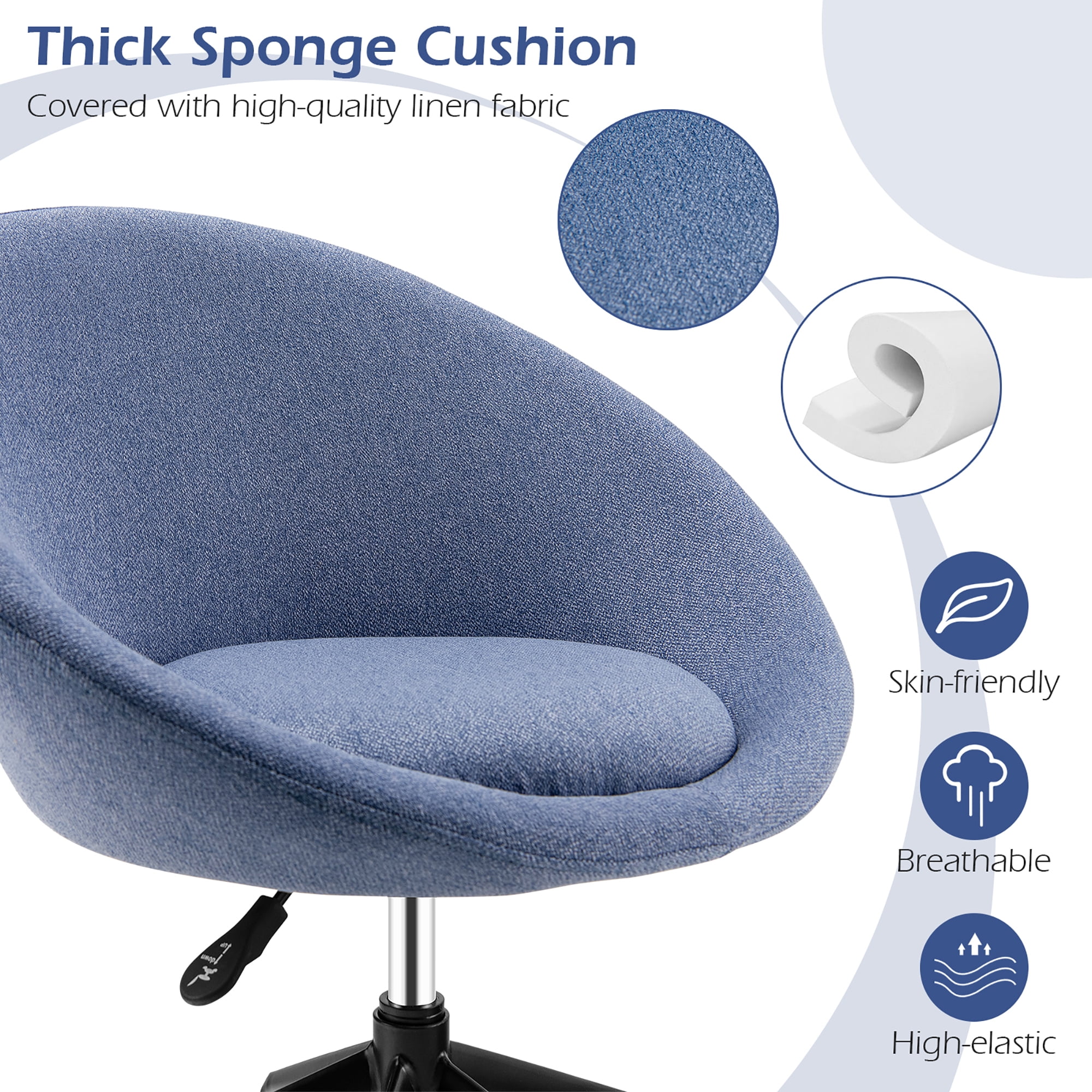 Costway Adjustable Swivel Accent Chair Linen Office Chair Round Back Vanity Chair Blue
