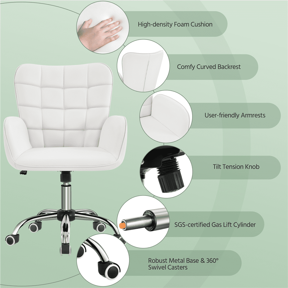 Alden Design Modern Faux Leather Desk Chair with Mid-Back Padded Armrests for Office, White