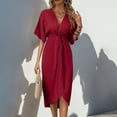 thumbnail image 6 of Women Plus Size Dresses Summer Casual A-Line Short Sleeve V-Neck Irregular Hem Vacation Long Dresses for Women Beach Fashion Wine XL, 6 of 10