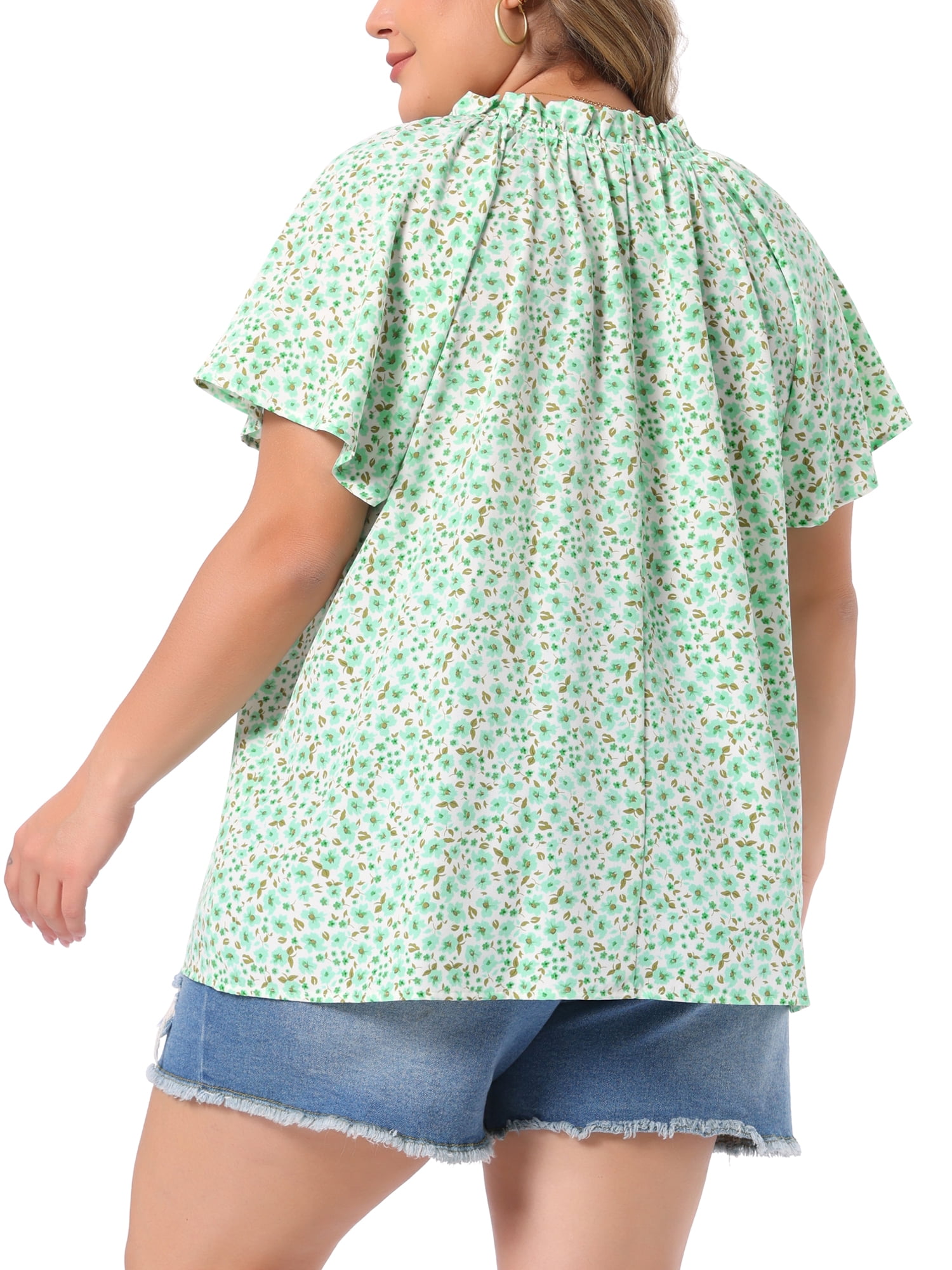 DARING DIVA Women's Plus Short Sleeve Ruffle Notch V Neck Blouse 1X Green