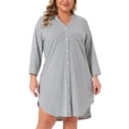 thumbnail image 1 of Camisa de dormir de mujer plus size Agnes Orinda, a rayas, con botones, cuello en V, mangas 3/4, vestido de pijama suave, bata de noche con bolsillo, 1X gris, 1 of 7