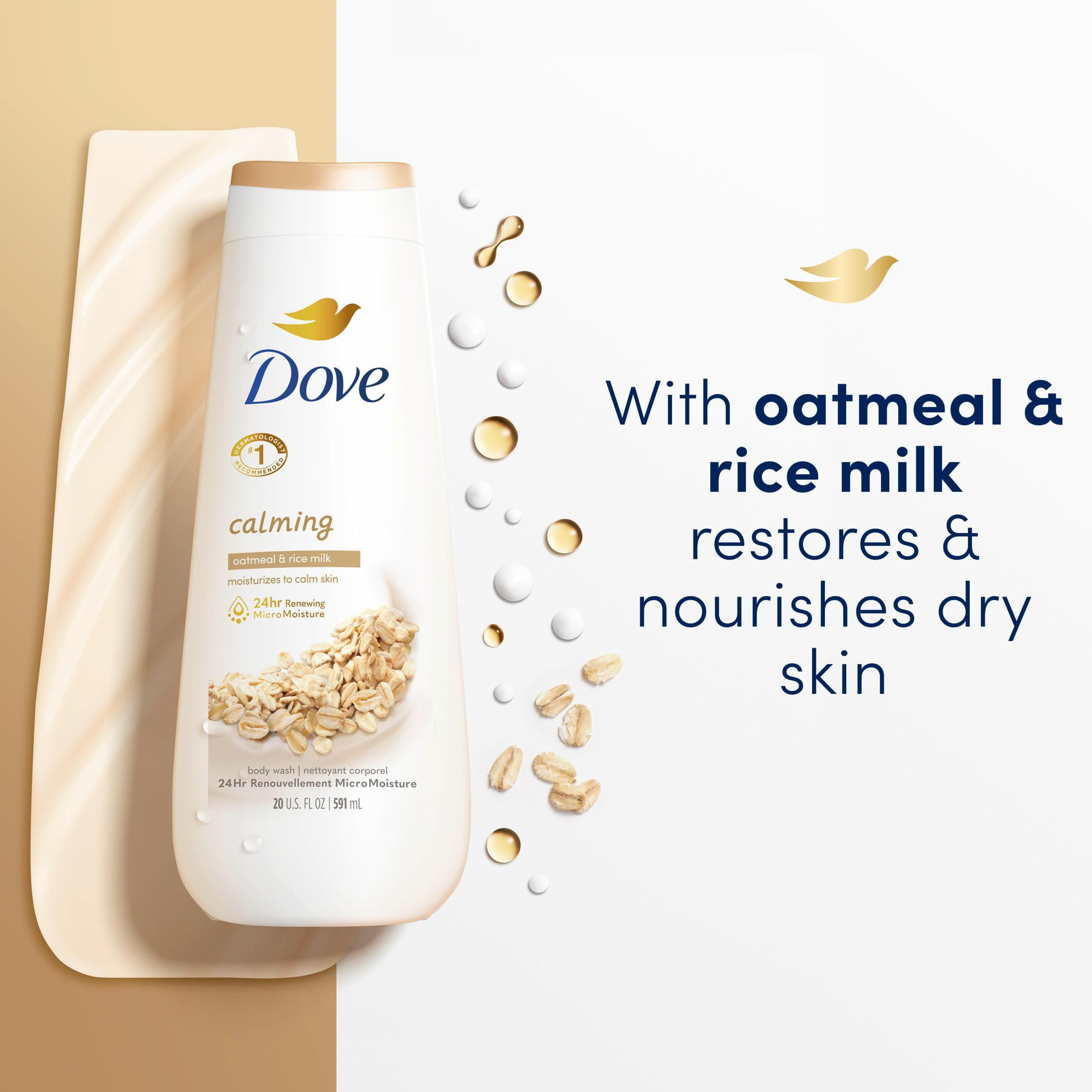 Dove Calming Long Lasting Gentle Women's Body Wash All Skin Type, Oatmeal and Rice Milk, 20 fl oz