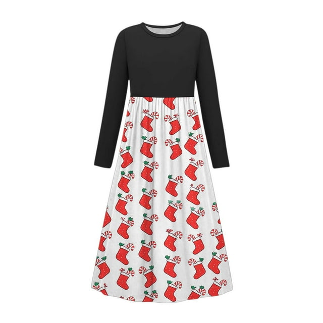 Robes Graphiques à Manches Longues pour Filles, Col Rond, Spandex, Joyeuses Vacances, Noël, Brunch, Maxi, Été Automne 2025, Coupe Régulière, 7 Ans