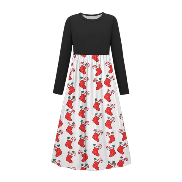 Vestido de manga larga con cuello redondo para niña, estampado navideño, manga larga, cuello redondo, bolsillos, falda larga informal para adultos, vestido de poliéster para niña.