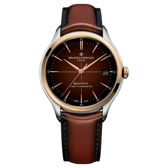 Baume & Mercier Clifton Baumatic COSC Automatic Stainless Steel & Rose Gold Brown Dial Brown Leather Strap Date Mens Watch M0A10713