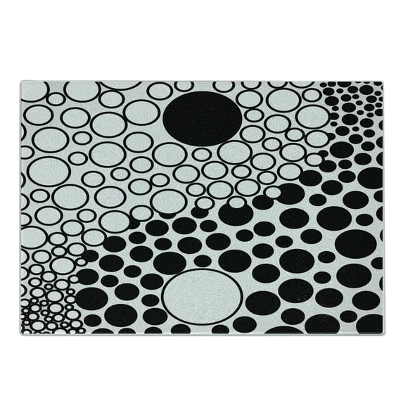 Ying Yang Cutting Board, Abstract Yin Yang Design with Large Retro Dots Counter Forces of Globe, Decorative Tempered Glass Cutting and Serving Board, Small Size, Black White, by Ambesonne