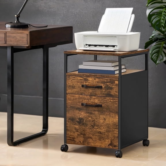 LEDREM 2-Drawer Mobile File Cabinet with Open Shelf, Rolling Storage Organizer for Office, A4 Letter Size, Lockable Wheels, Rustic Brown and Black