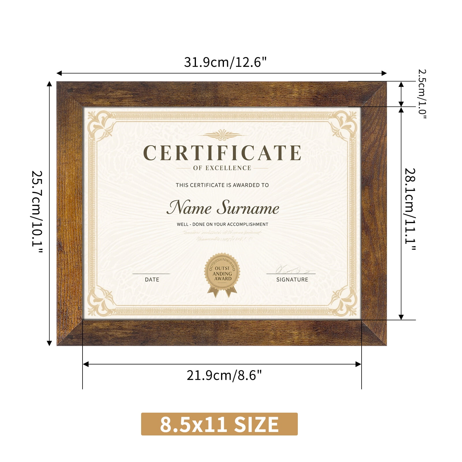 8.5x11 Picture Frame Set of 7, Award Certificate Diploma Document Bulk 8.5 by 11 College Frames for Wall or Tabletop Display, Brown