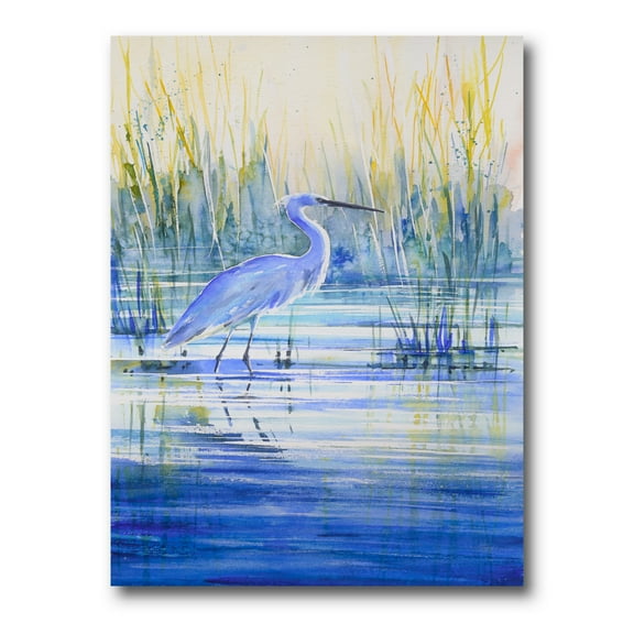 Blue Heron On The Lake Shore 8 in x 12 in Painting Canvas Art Print, by Designart