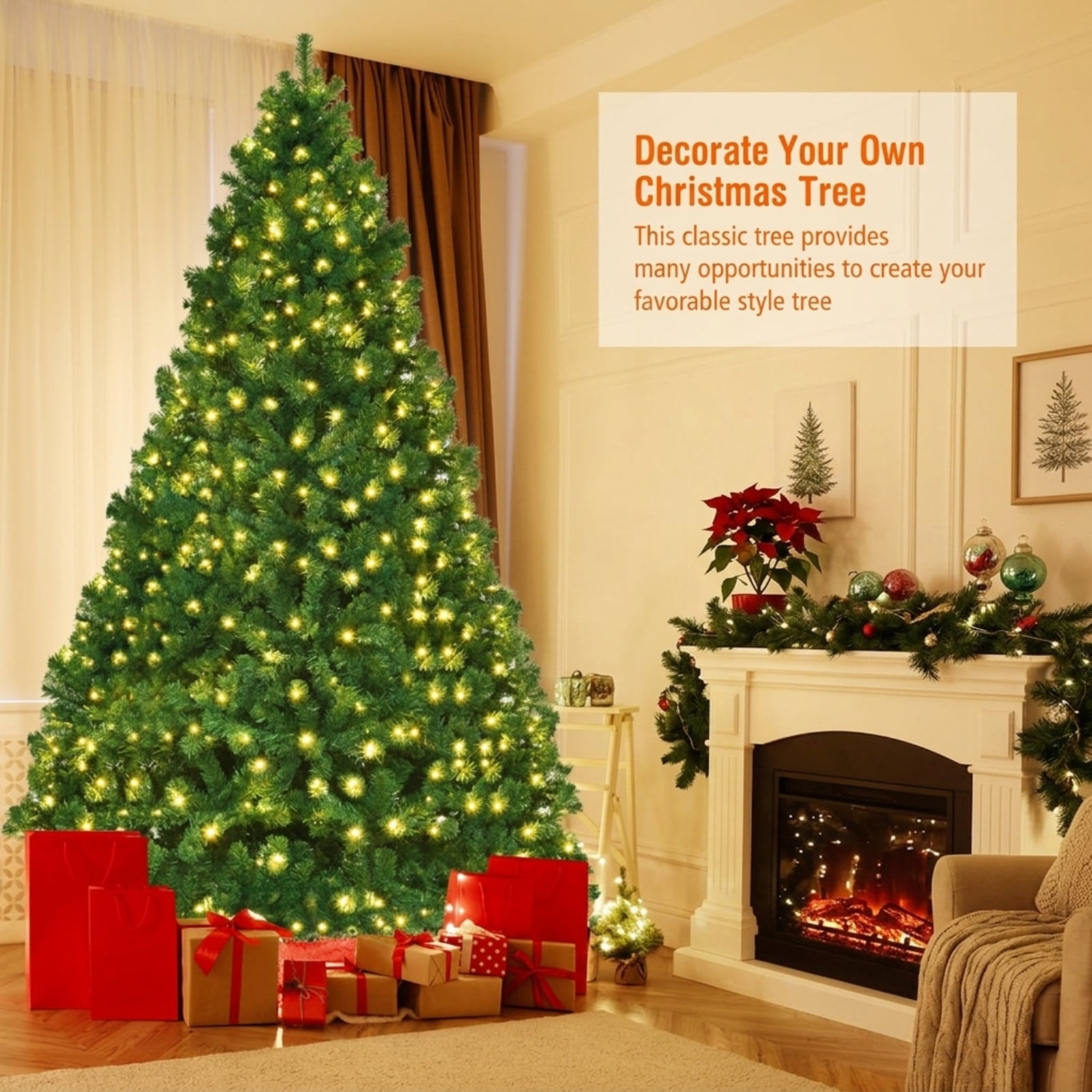 RUIE, 8 Foot Pre-Lit Tree, 8 ft Artificial Christmas Tree, 430 LED Lights, Green, 1438 Full Tips, for Home Holiday Xmas Decoration