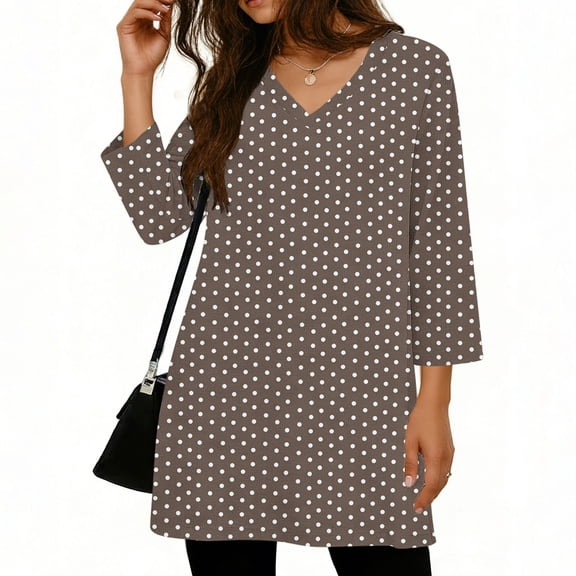 XPMWRP Women's Polka Dot V Neck Tunic Top 3/4 Sleeve Loose Fit Casual Blouse Flowy Longline Shirt for Daily Wear Brown L