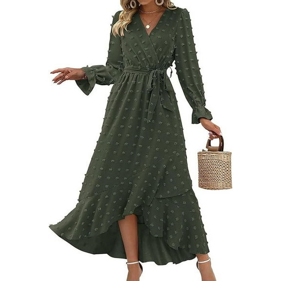 FreshPretty Womens Boho Cocktail Maxi Dress Fall Fashion V Neck Long Sleeve Swiss Dot Flowy Slit Wedding Guest Dresses