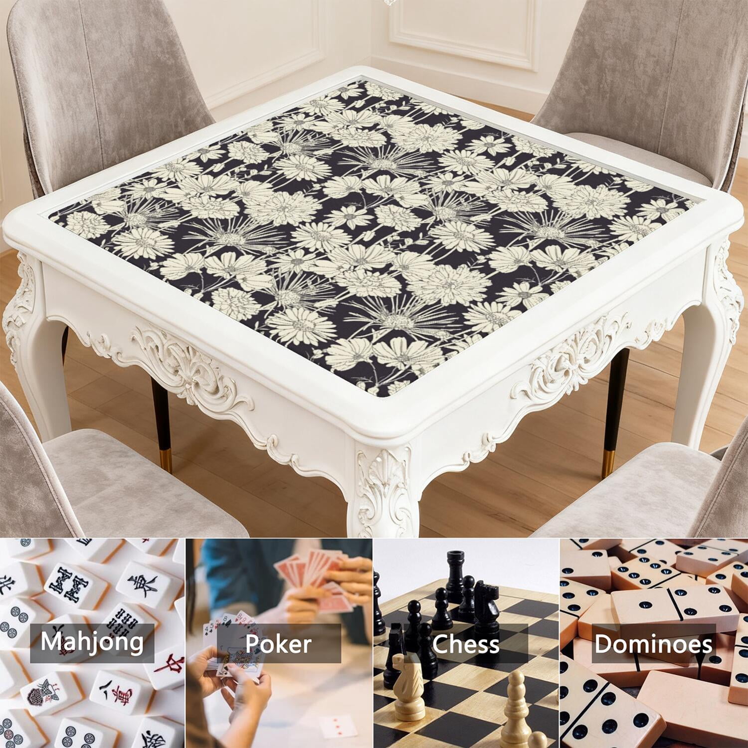Floral Mahjong Game Night Mat 31.5 Inch Square Rubber Surface Provides Secure Grip for Tiles and Reduces Table Noise