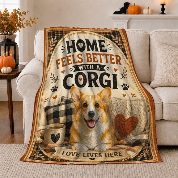 Pembroke Welsh Corgi Home Feels Better Corgi Love, Playful Pet Portrait Pattern, Warm Flannel Blanket for Living Room and Reading Nook, Dog Lovers Thanksgiving Gift, Pet Lover Home Decor
