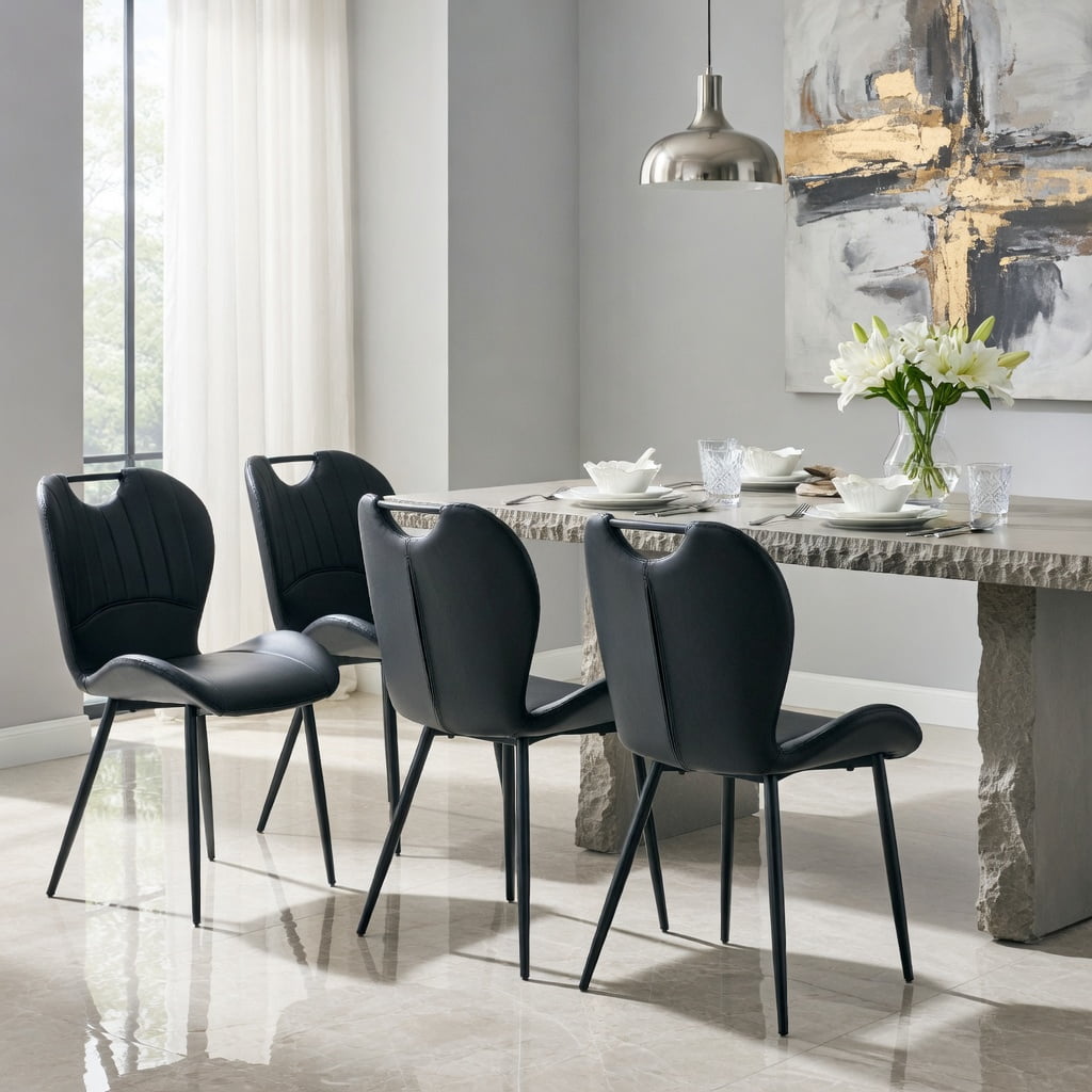 Hommoo 4-Pack PU Leather Dining Chairs with Ergonomic Support, Metal Frame & Adjustable Leveling Feet, Modern Home & Apartment Dining Set, Black