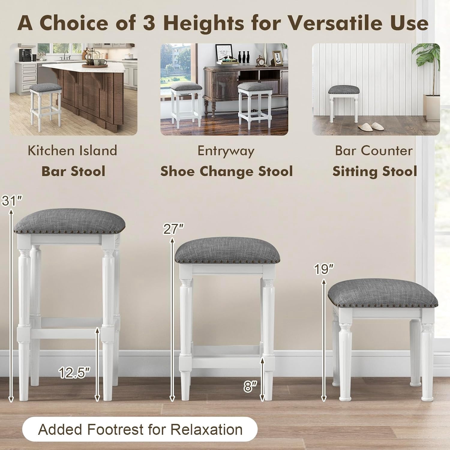 Set of 4 Modern Upholstered Counter Bar Stools Dining Stools for Kitchen, 3 Optional Height, Gray & White