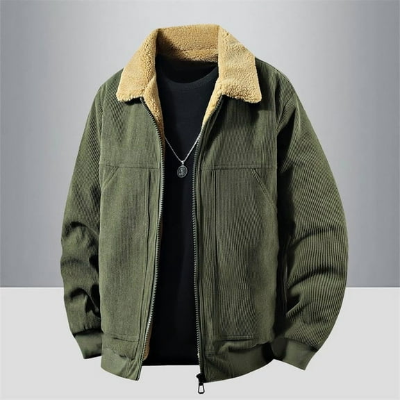DPTALR George Men's Corduroy Fleece Jacket Lined Jacket Turn-Down Collar Full Zip Warm Winter Jacket Army Green Big and Tall Men L