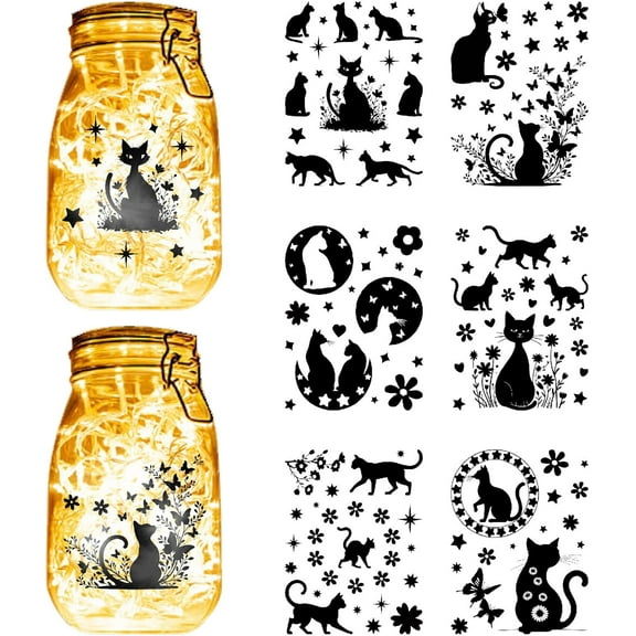 12 Pcs Cat Mason Jar Silhouettes Cutout Decals Decor Ornaments Stickers Birthday Decoration Scrapbooking Cutouts Decals for Christmas Wall Windows Glass Lantern Light Lamp 5.9x7.8 Inch colorful DIY