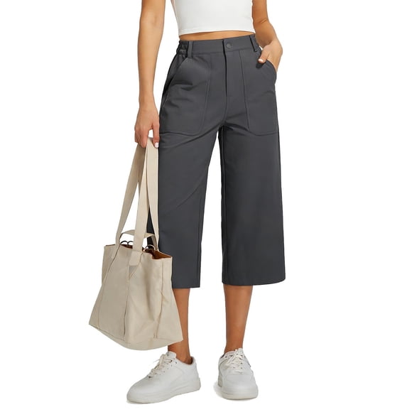 HongQid Women's High Waist Wide Leg Cropped Pants, Lightweight Wrinkle-Resistant Trousers with Pockets, Casual Breathable Bottoms for Summer Daily Wear & Office