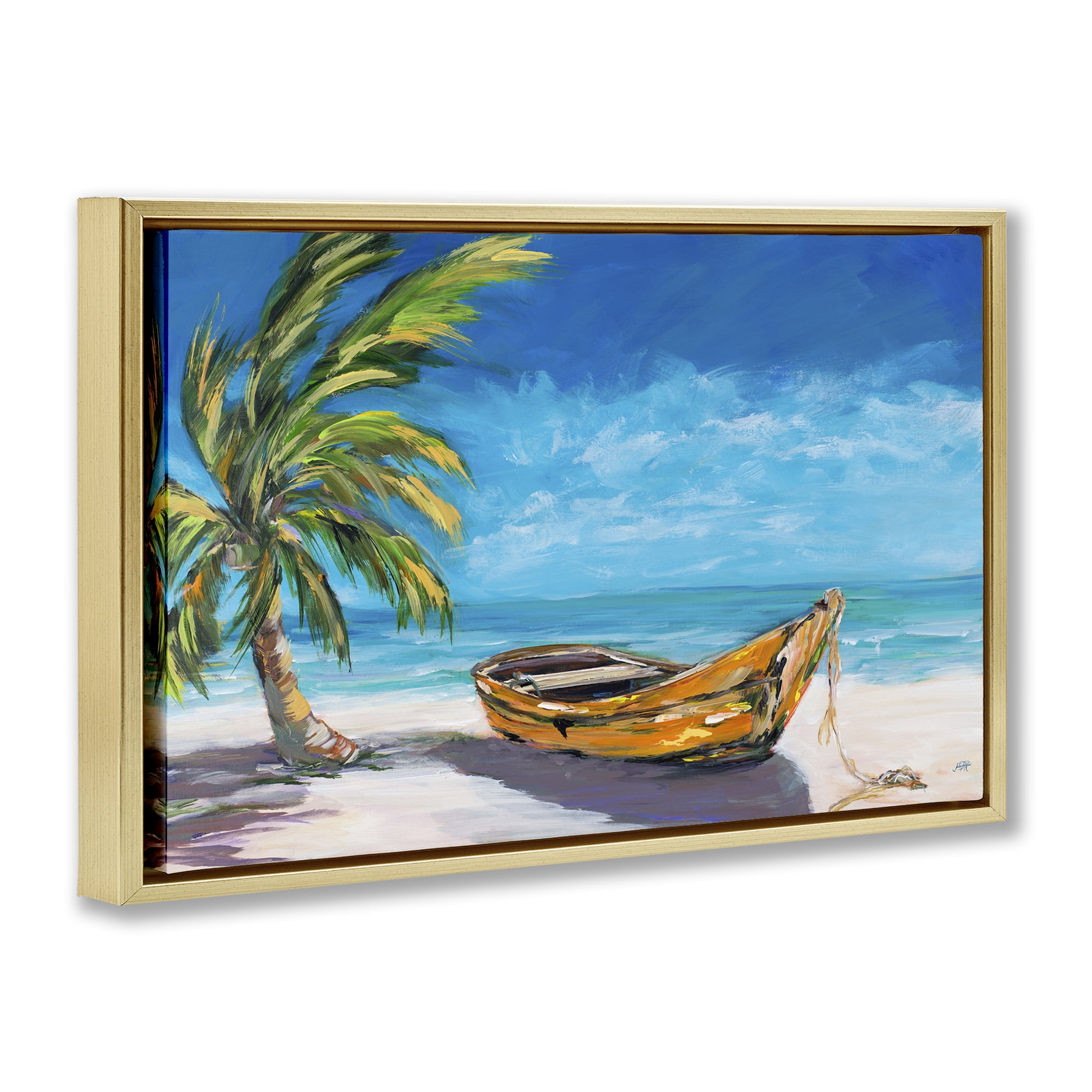 Stupell Industries Lost Island Palm & Boat Gold Framed Floater Canvas Wall Art, design by Julie DeRice