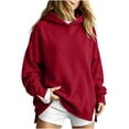 thumbnail image 2 of thefmos Women's Fall Winter Hooded Slit Pullover Tops Sweatshirts Loose Casual Hoodie Long Sleeve Tunic Blouses with Pocket Trendy Vacation Clothes, Red 2XL, 2 of 6