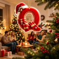thumbnail image 6 of BadyminCSL Red 2D Acrylic Christmas Ornament, 26 Letters Initial Hanging Decor with Santa Hat & Bell, Xmas Tree Holiday Party Gift Q, 6 of 7