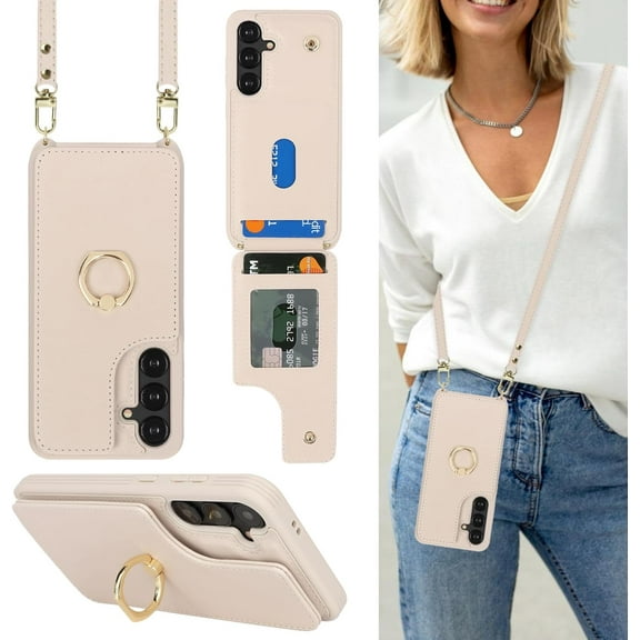 for Samsung Galaxy S24 Case with Card Holder and Strap for Women,Crossbody Lanyard,Stand Ring Kickstand,Snap Clasp,Phone Wallet Cases 6.2 inch(Beige)