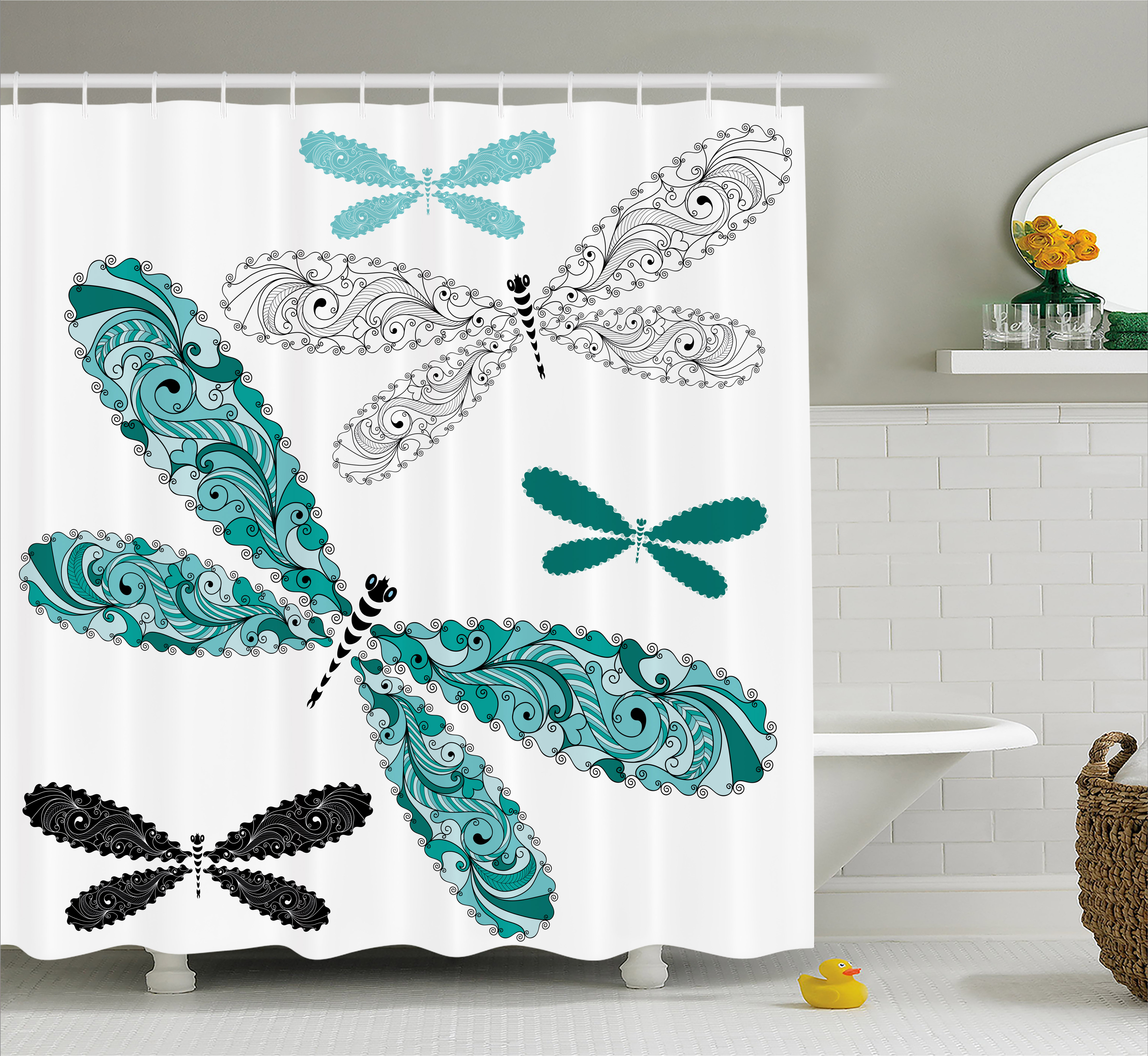 Dragonfly Shower Curtain, Ornamental Dragonfly Figures with Lace and