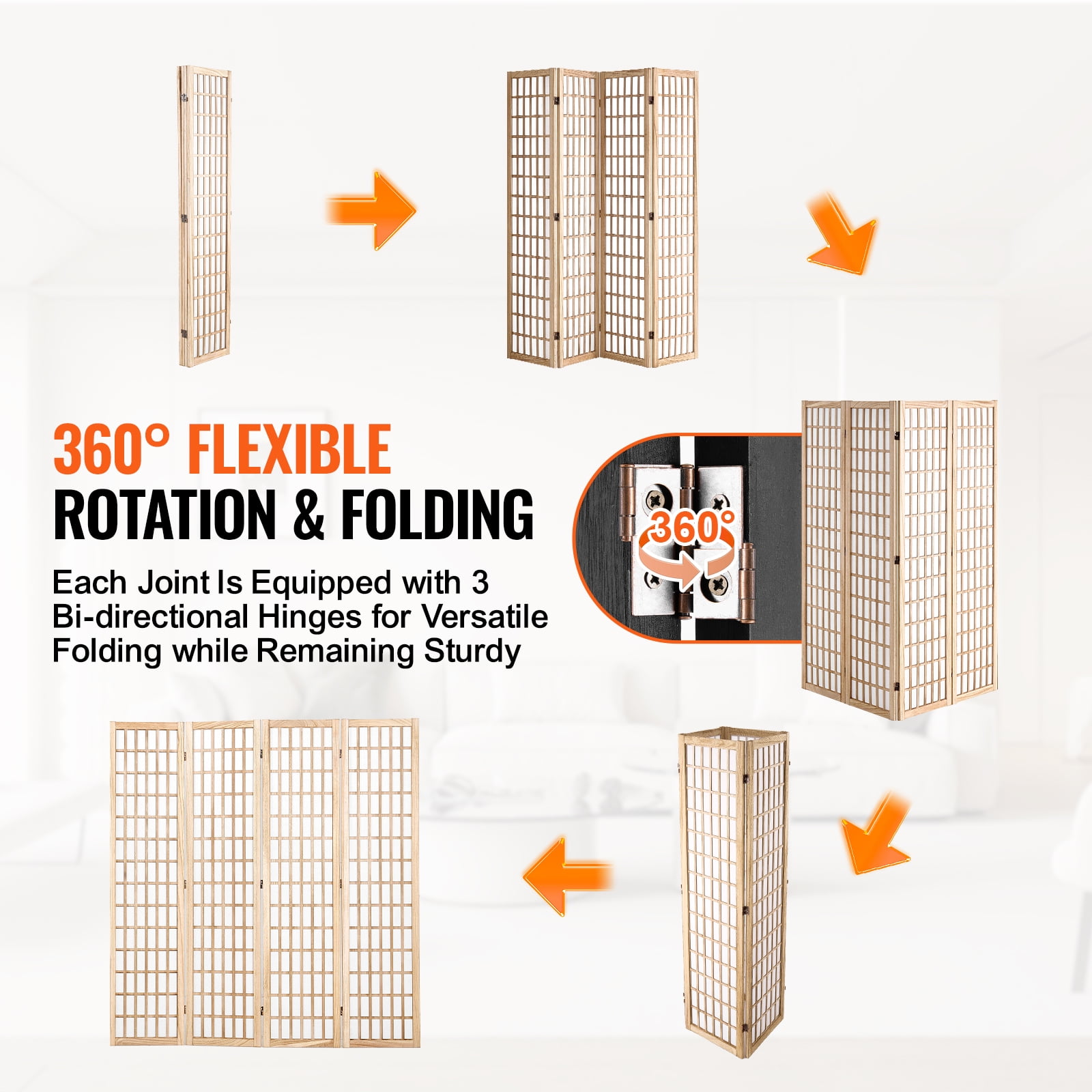 KFFKFF 4-Panel Japanese Style Room Divider, Folding Privacy Screen for Indoor Use, Portable Partition for Room Separation, Home, Office, Restaurant, and Bedroom Decoration (Natural)