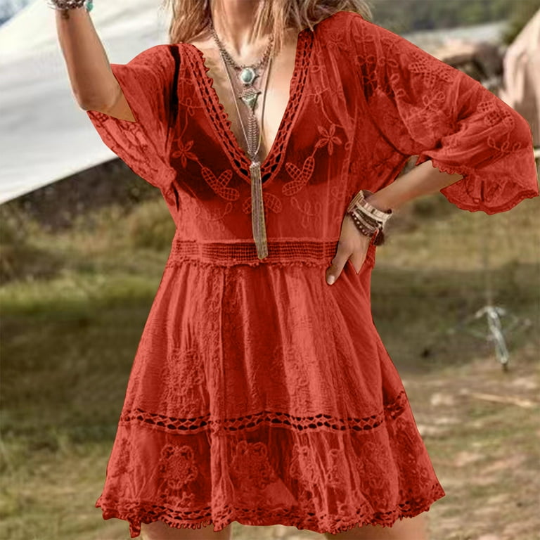 Fnooota Women's Holiday Dresses, Deep V-Neck Loose Fit Summer Lace Mini  Dress Red Size Free Size - Walmart.com
