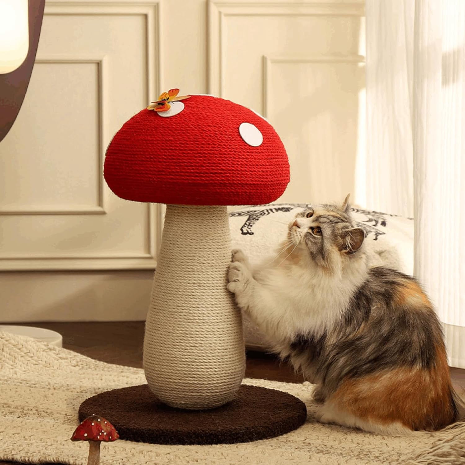 ColourTree Red Adorable Mushroom Cat Scratching Post, Cat Toys for Indoor Cats with Durable Sisal Rope for Cat Scratcher, Cozy Plush Base
