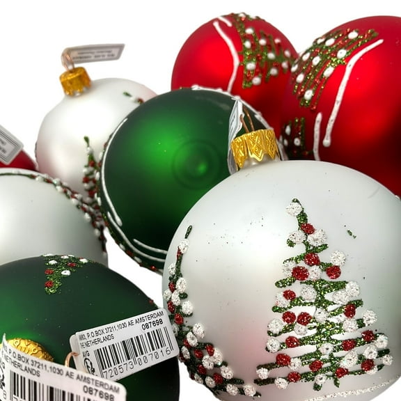 3 Inch Green, White & Red Christmas Ball Ornaments with Christmas Tree Design
